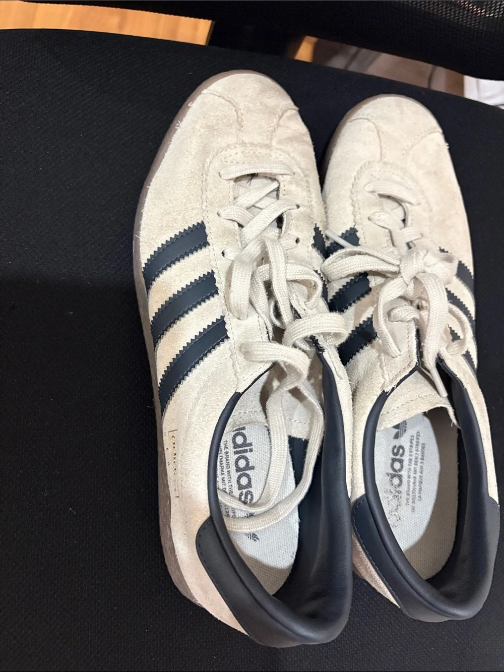 adidas Women’s Beige Suede Sneakers with Black Stripes. Size 9.5